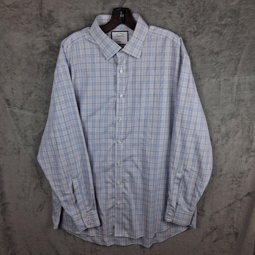 Charles Tyrwhitt Button Down Shirt Mens 17/35 Large Grey Blue Plaid